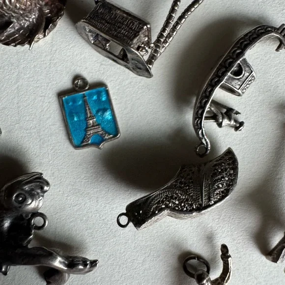 9pc Sterling Silver and silver tone travel charm collection bundle